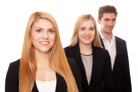 Group of young businessmen, white background