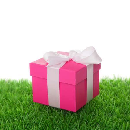 Gift box on green grassの写真素材