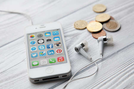 WROCLAW, POLAND - JULY 31, 2014: Photo of iPhone 4 smartphone device