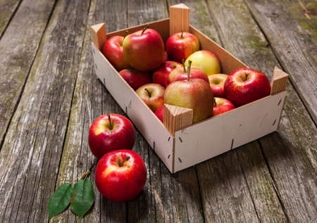 Fresh red apples in a wooden crateの写真素材