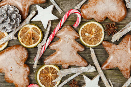 Christmas decoration on woodの写真素材