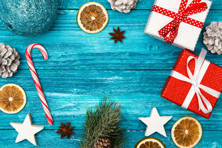 Christmas decoration on woodの写真素材