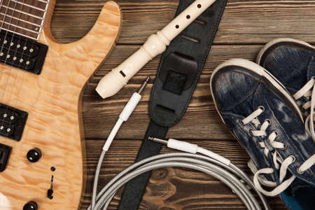 Modern 7 string electric guitar with natural finishの写真素材