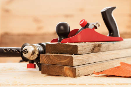 Woodworking tools on a carpenters table.