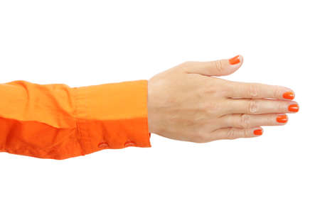 Female hand in orange shirt isolated on white backgroundの写真素材