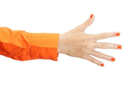 Female hand in orange shirt isolated on white backgroundの写真素材
