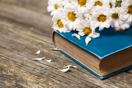 Book and flowers on wooden background.の写真素材
