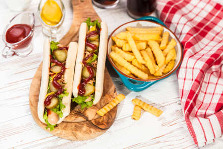 Hot dogs and french friesの写真素材