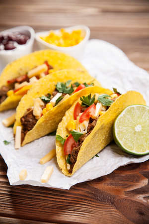 Mexican food - delicious tacos with ground beefの写真素材