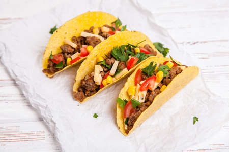 Mexican food - delicious tacos with ground beefの写真素材