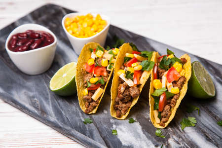 Mexican food - delicious tacos with ground beefの写真素材