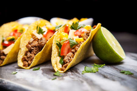 Mexican food - delicious tacos with ground beefの写真素材