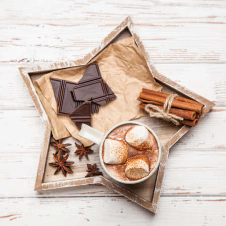 Cocoa drink with marshmallows and cinnamonの写真素材