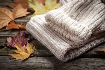 Warm clothes and a cup of tea on autumn dayの写真素材