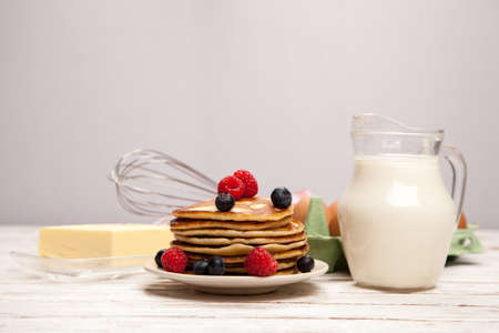 Delicious pancakes with blueberry and raspberryの写真素材