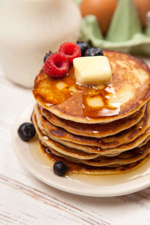 High pile of delicious pancakes with blueberryの写真素材