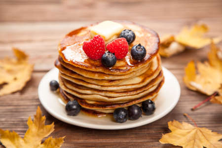 High pile of delicious pancakes with blueberryの写真素材