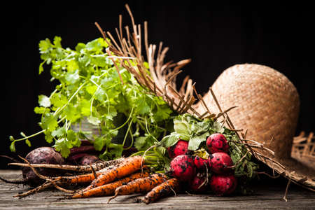Fresh organic vegetables on wooden surfaceの写真素材