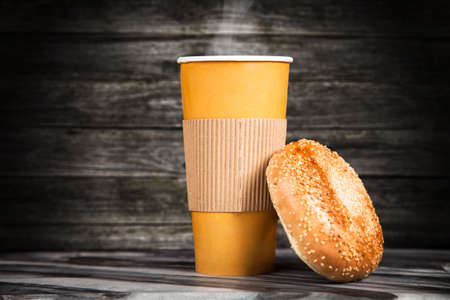 Bagel with bacon and egg for breakfastの写真素材