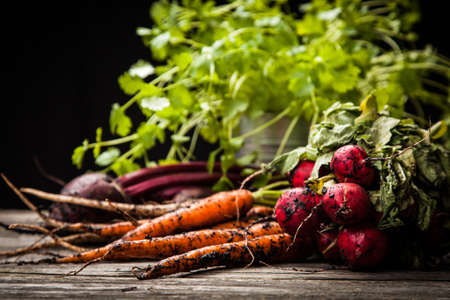 Fresh organic vegetables on wooden surface