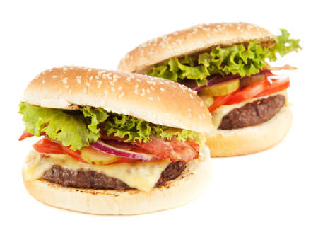 Delicious grilled burger isolated on white backgroundの写真素材