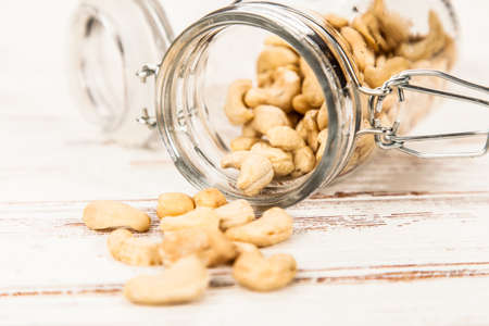 Closeup of cashew nuts in a glass containerの写真素材
