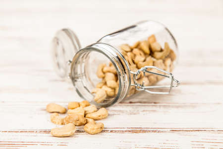 Closeup of cashew nuts in a glass containerの写真素材