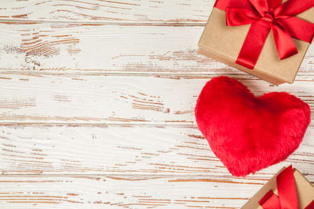 Plush heart and gift boxesの写真素材