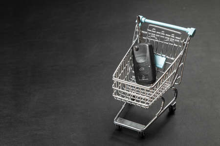 Car keys in a shopping cart on dark backgroundの写真素材
