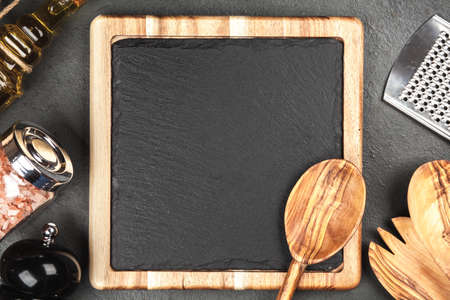 Slate board in a wooden frameの写真素材