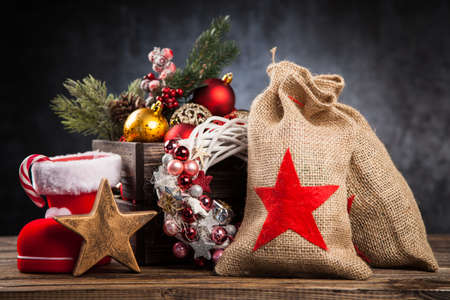 Christmas ornaments in a wooden crateの写真素材