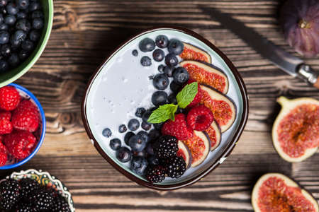 Delicious blueberry and fig yoghurtの写真素材