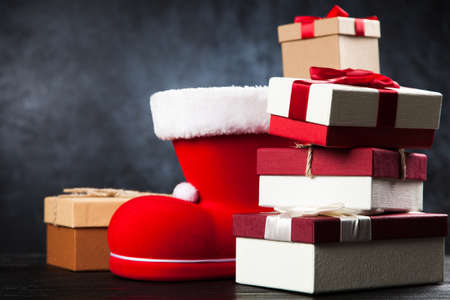 Santas shoe on dark backgroundの写真素材