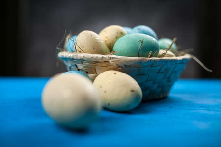 Easter eggs on blue backgroundの写真素材