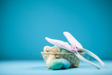 Easter eggs on blue backgroundの写真素材