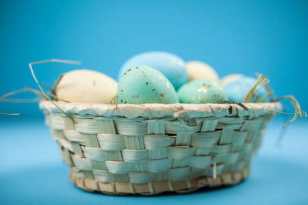 Easter eggs on blue backgroundの写真素材