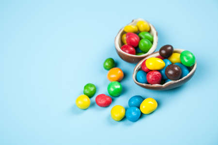 Easter eggs on blue backgroundの写真素材