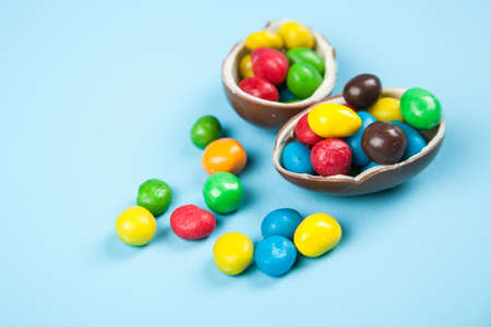 Easter eggs on blue backgroundの写真素材
