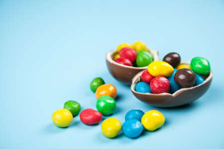 Easter eggs on blue backgroundの写真素材