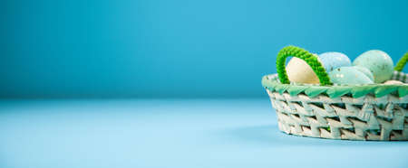 Easter eggs on blue backgroundの写真素材