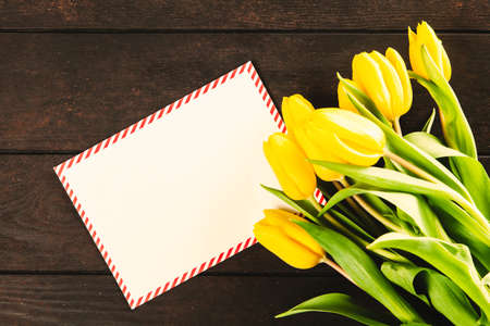 Yellow tulips on wooden backgroundの写真素材