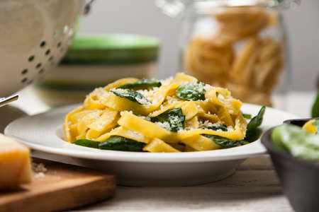 Spinach tagliatelle pastaの写真素材