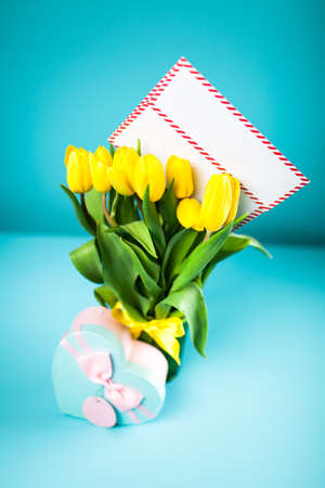 Yellow tulips on blue backgroundの写真素材