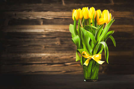 Yellow tulips on wooden backgroundの写真素材
