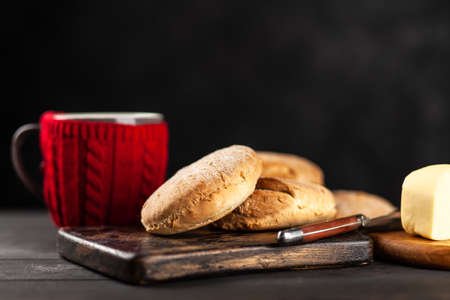 Homemade buns on dark backgroundの写真素材