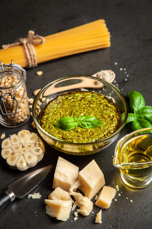 Pesto sauce in a glass bowlの写真素材