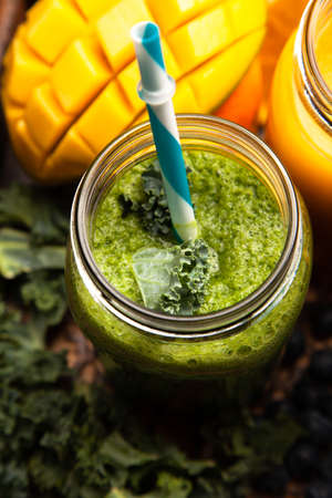 Assortment of green detox and fruit smoothies
