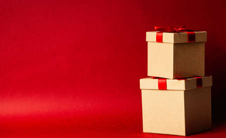 Gift boxes on red backgroundの写真素材