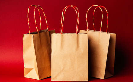 Gift boxes on red backgroundの写真素材