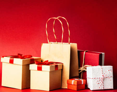 Gift boxes on red backgroundの写真素材